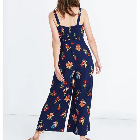 Madewell Plumeria Cutout Navy Bird of Paradise Print Sleeveless Smocked Jumpsuit - Picture 2 of 11